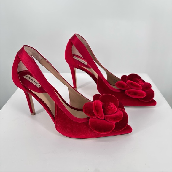 Antonio Melani Ester Red Velvet High Heels size 8 Side Cutouts Romantic Rosette - Picture 1 of 11